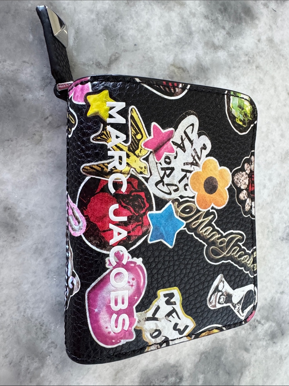 Marc Jacobs Black Sticker-Print Zip Wallet with Multicolor Accents